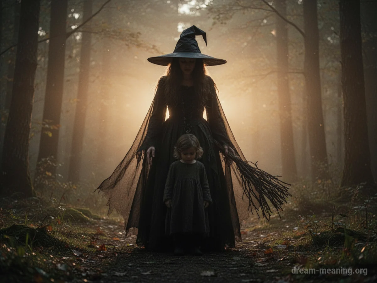 A silhouette of a witch shielding a smaller silhouette of a child.
