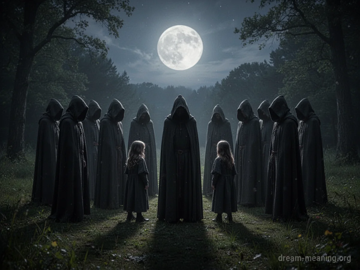 Silhouettes of people in a circle under moonlight.