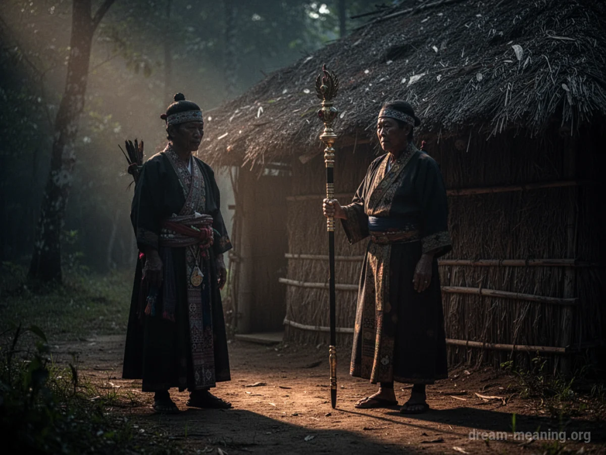 A figure in traditional clothing stands near a hut in low light.