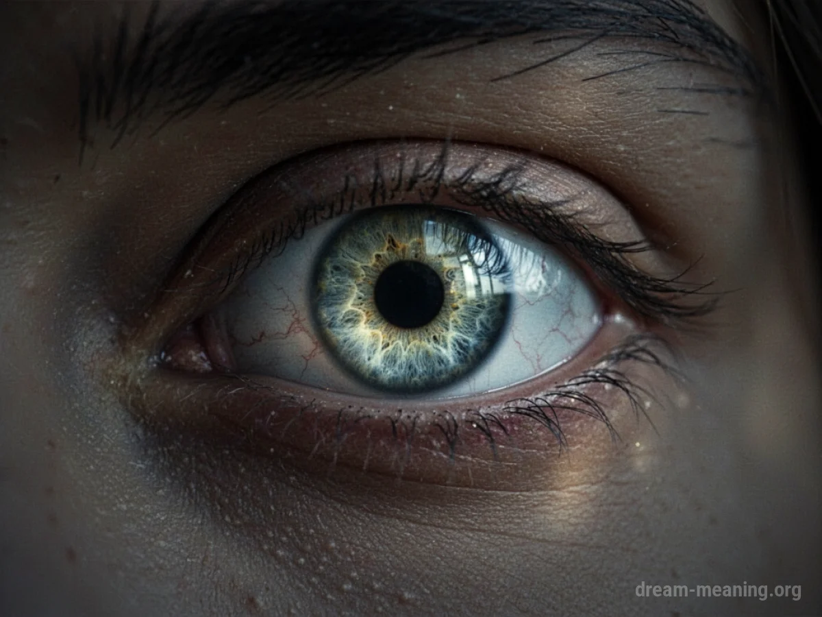 A close-up of a single, piercing eye with an unusual color.