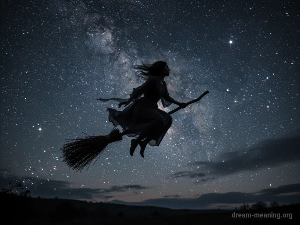 Silhouette of a person on a broomstick against a starry night sky.