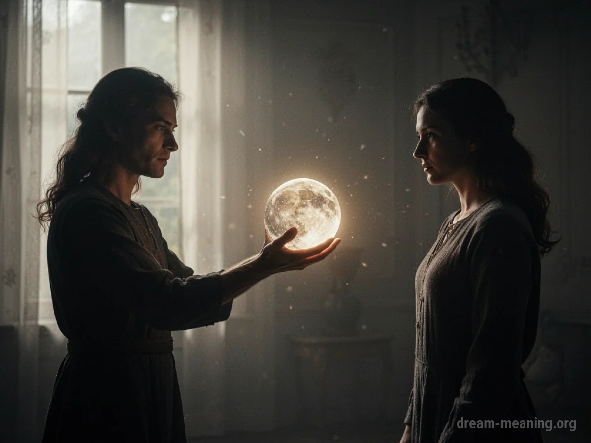 Two silhouetted figures, one extending a glowing orb.