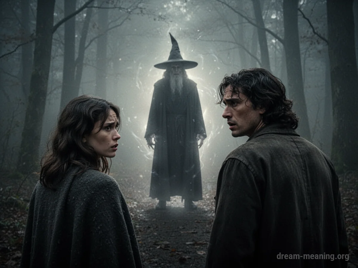 A silhouetted figure of a witch looms in the background, facing away from the viewer.