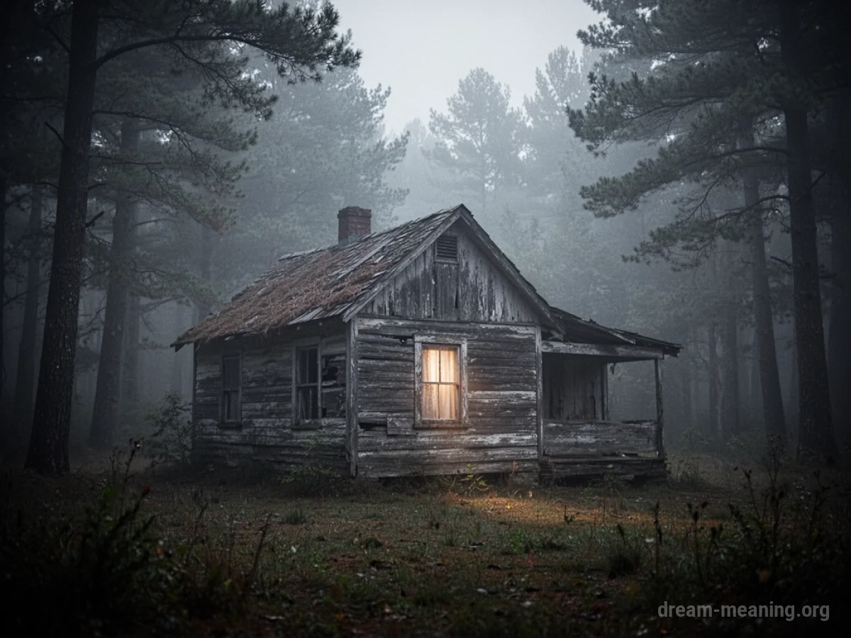 A solitary, old wooden house in a dark, misty forest.