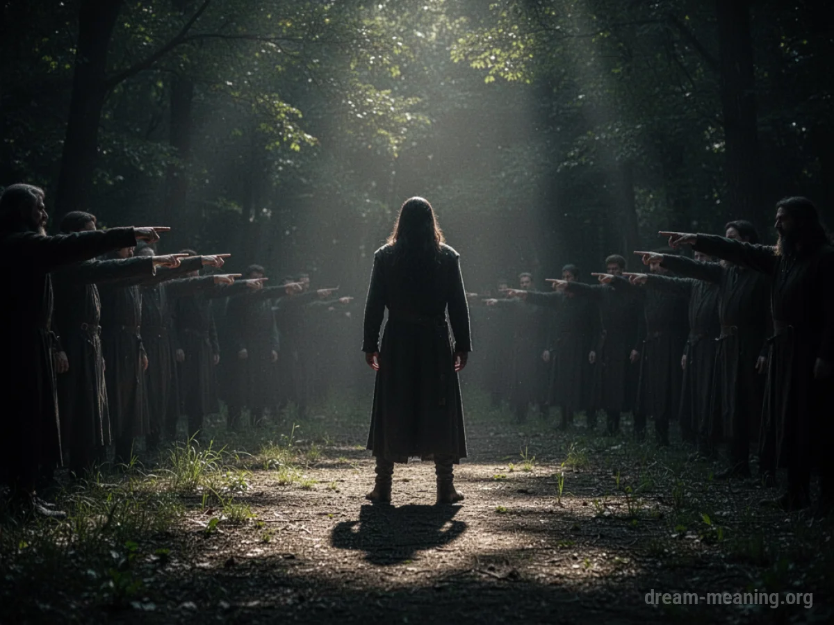 A single silhouette stands in a dark forest, with many hands pointing from the surrounding trees.
