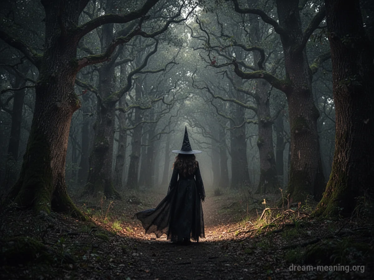 Silhouette of a witch standing at the edge of a dark forest.