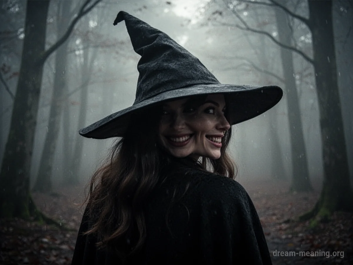 Silhouette of a woman in a pointed hat with a faint smile.