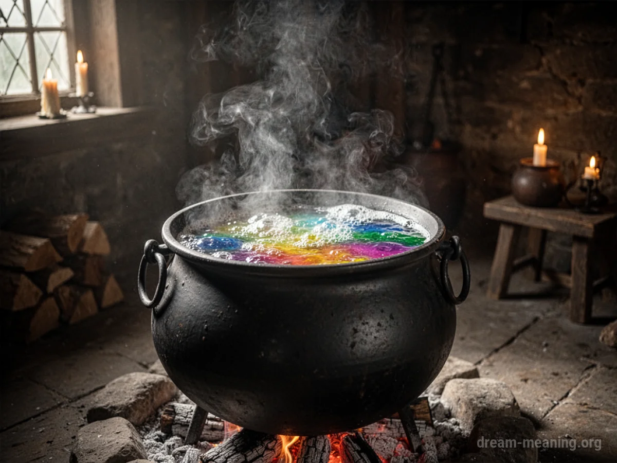 A steaming cauldron with colorful potion inside.