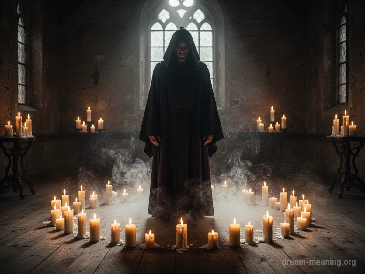 A hooded figure performing a ritual with candles.