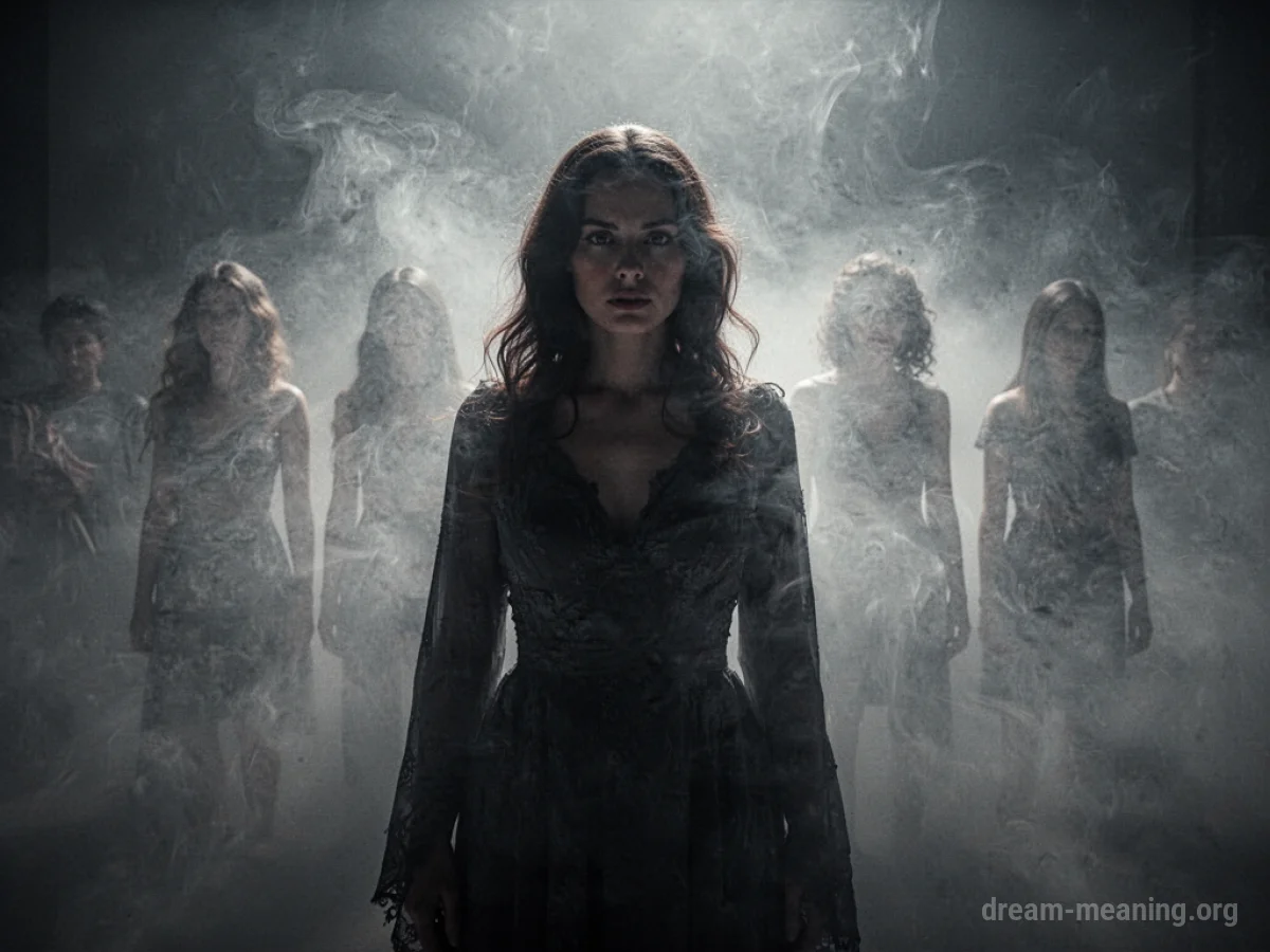 A silhouette of a woman in mist with indistinct shapes around her.