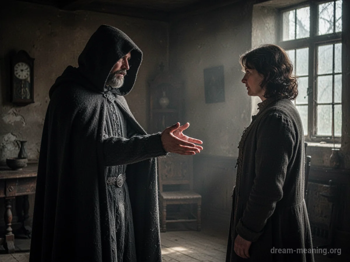 A cloaked figure offers a hand to another person in a dimly lit room.