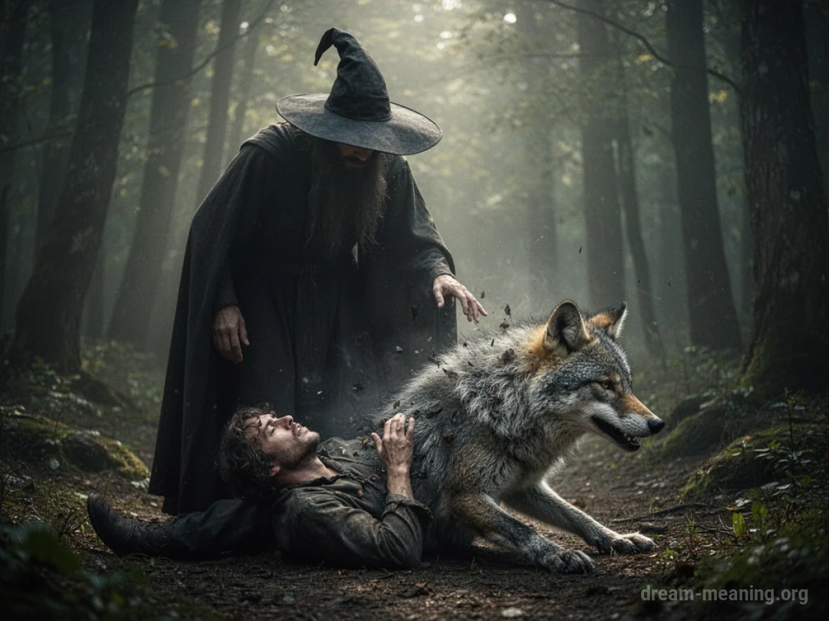 A witch figure casting a spell that causes a person to partially transform into a bird.