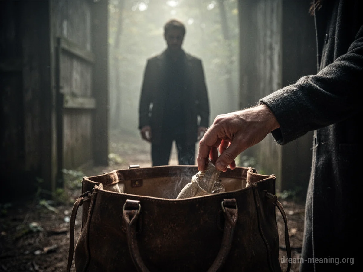 A shadowy silhouette observes someone's hand reaching into an open bag.