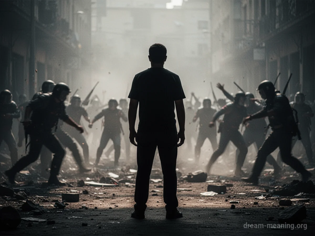 A shadowy figure observes distant, blurred figures in a chaotic scene.