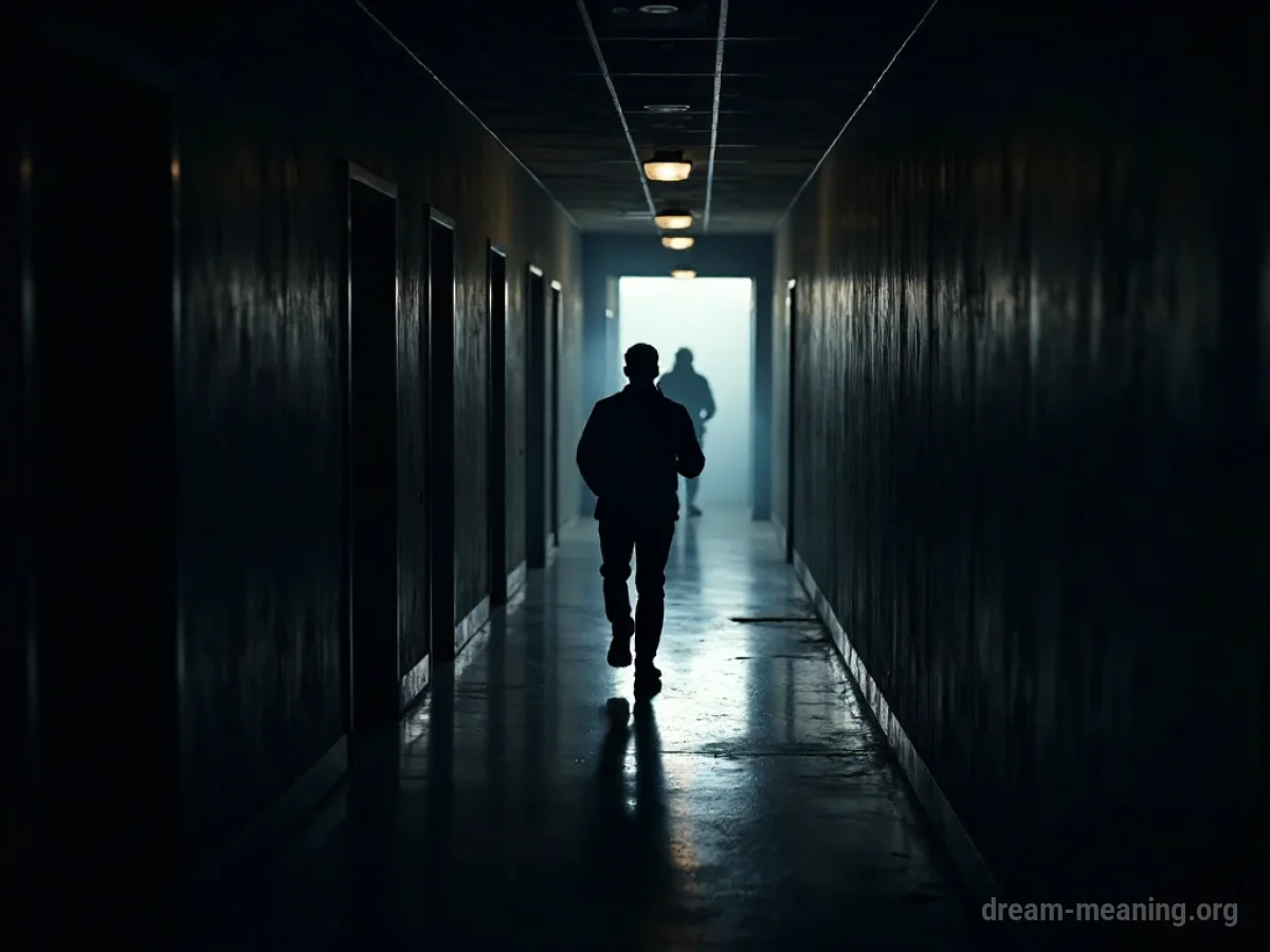 Silhouette of a person running down a dark hallway away from a shadowy figure.
