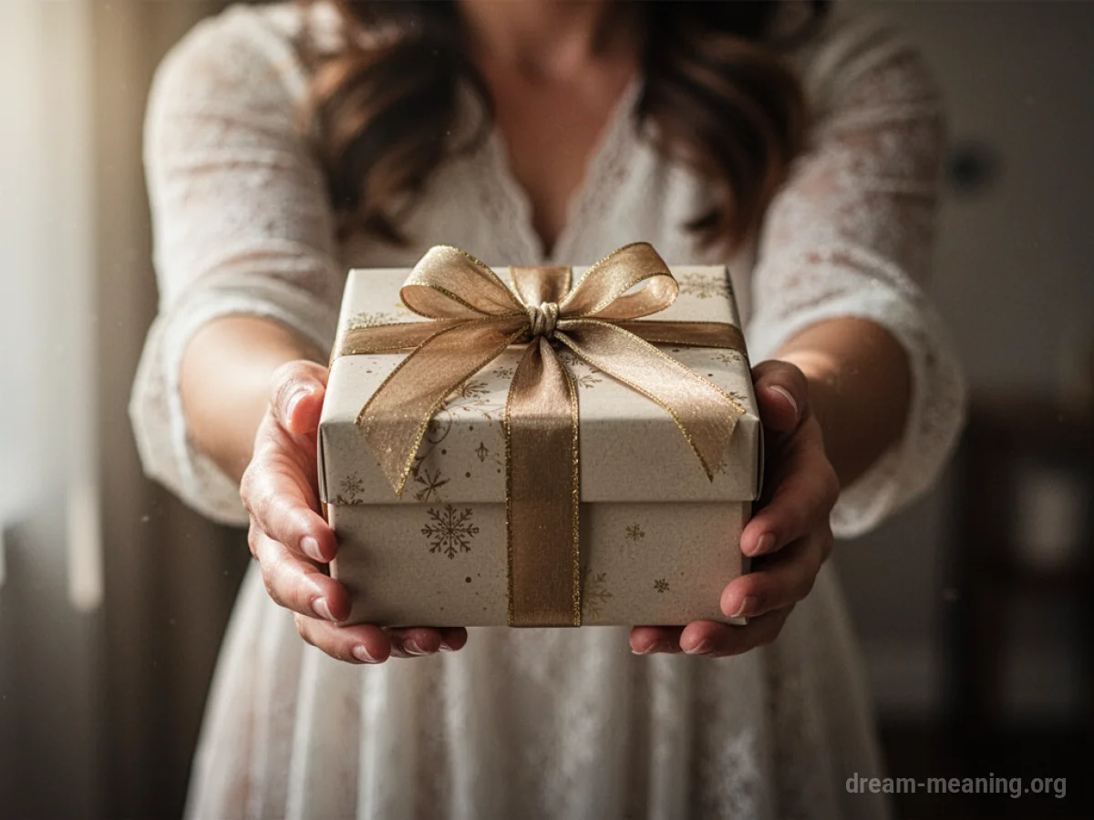 A person's hands holding out a wrapped gift box.