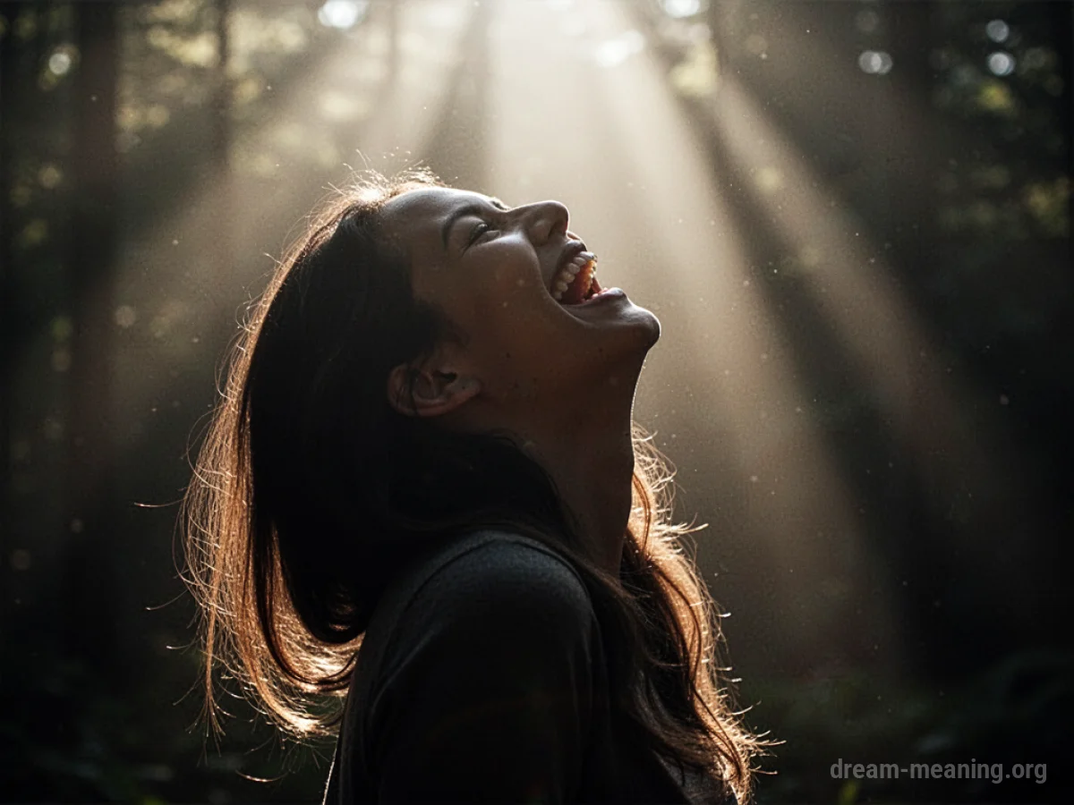 Silhouette of a woman laughing with sunlight around her.