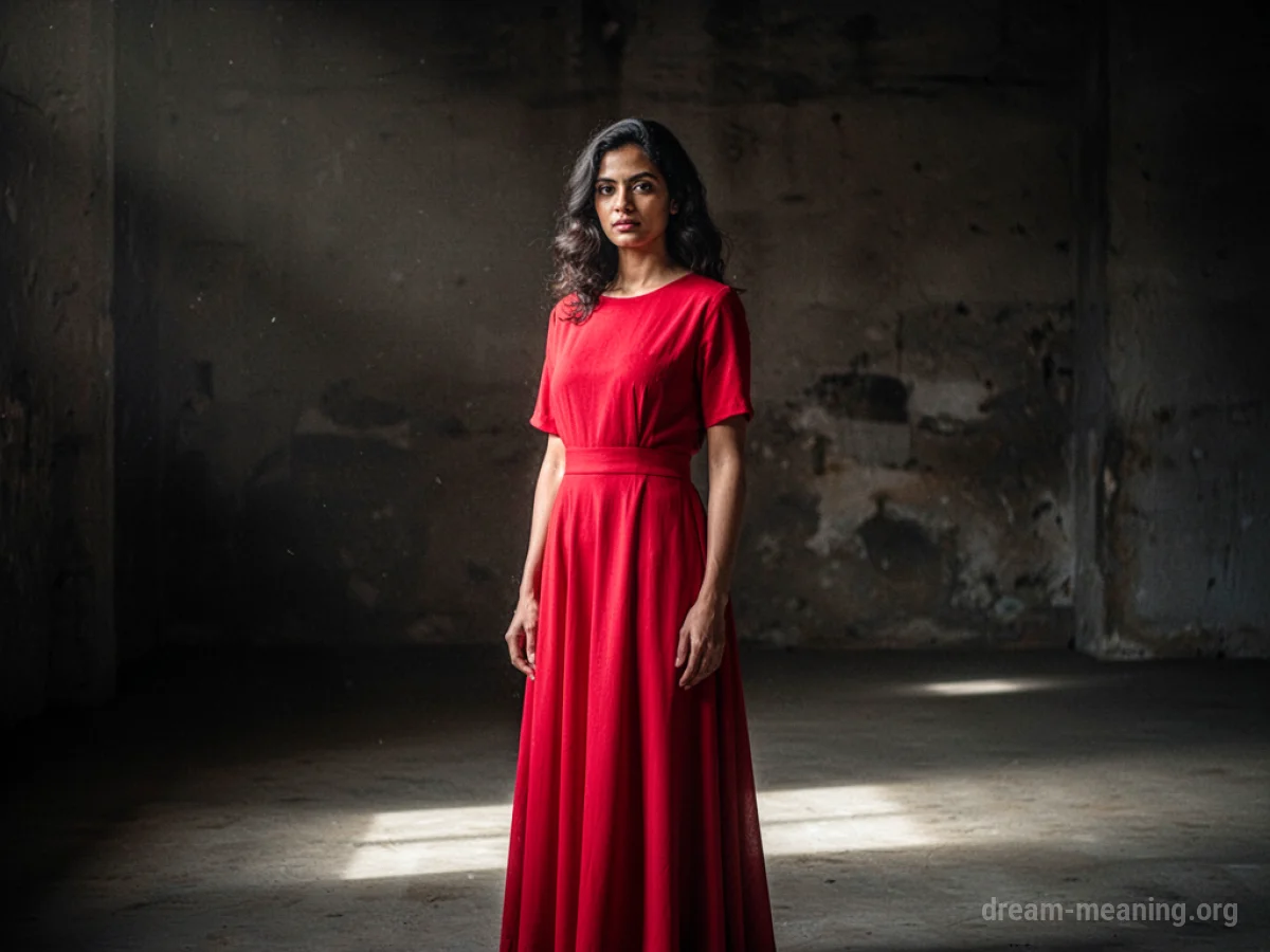 A woman wearing a flowing red dress stands in a dim, abstract setting.