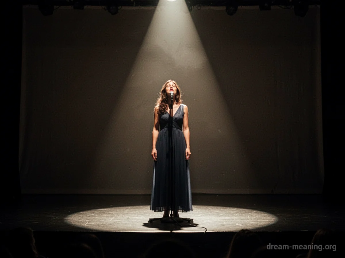Silhouette of a woman singing under a spotlight.