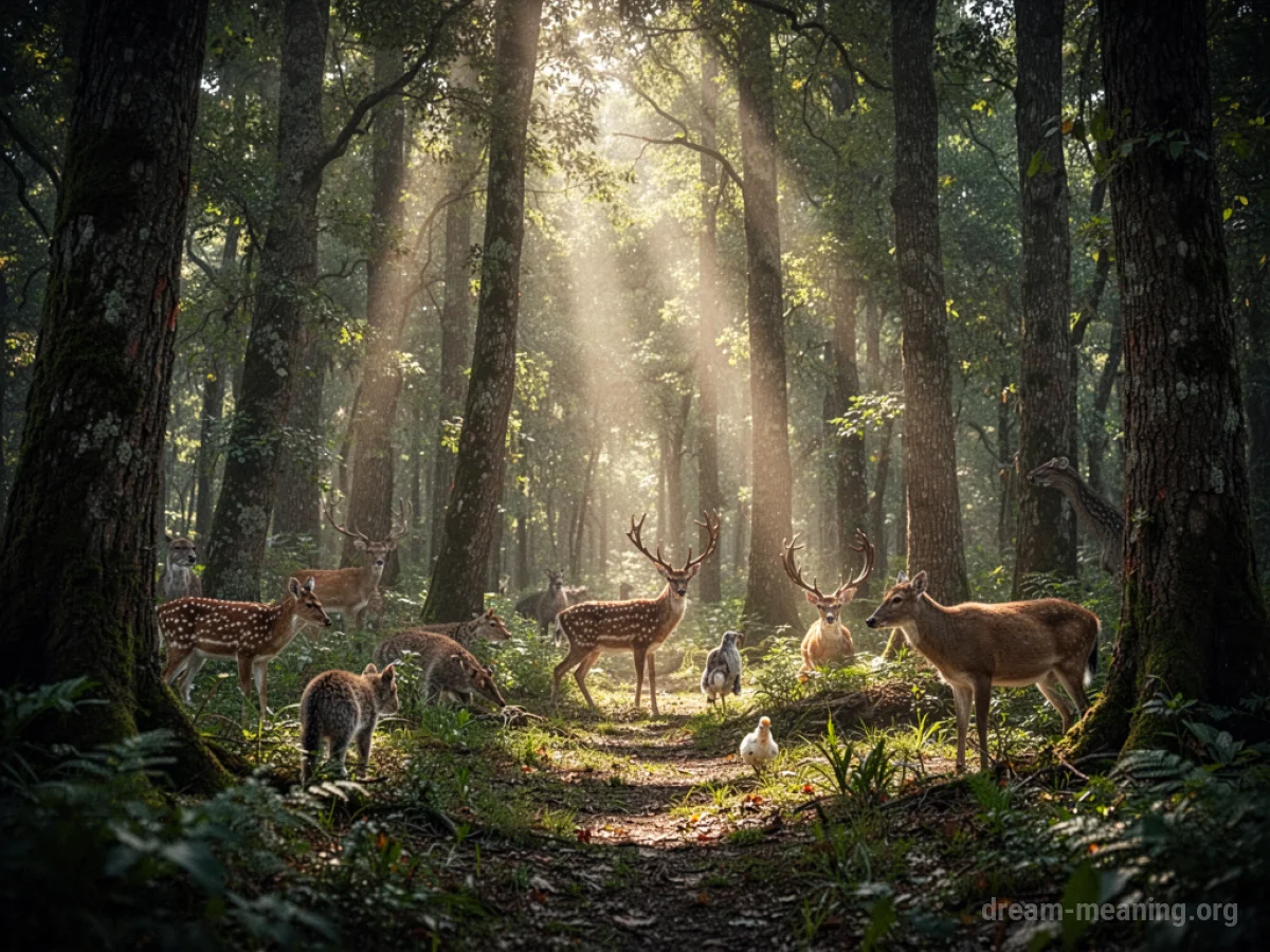 A sunlit forest with deer and birds visible.