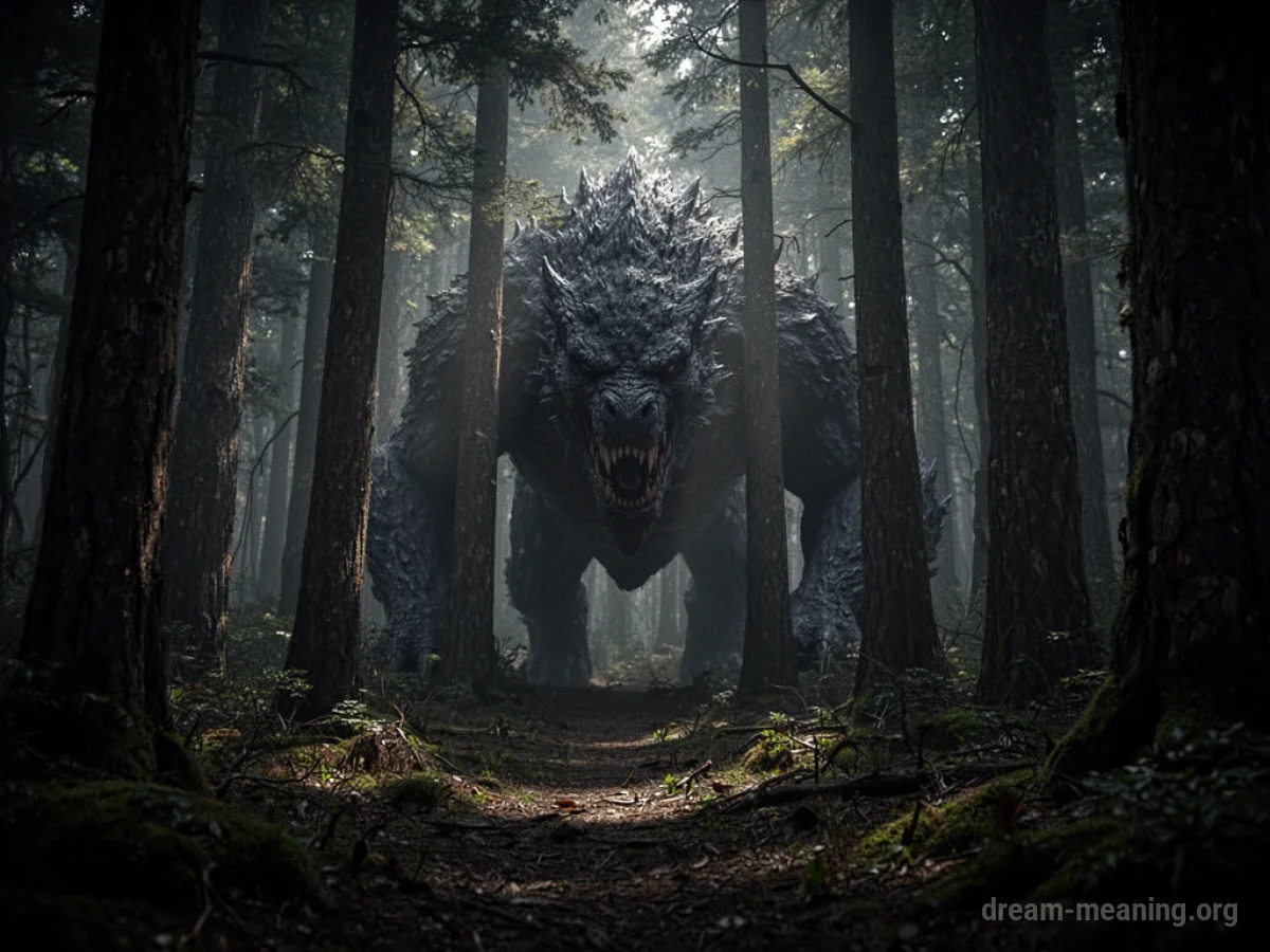 A dark forest with a large, shadowy figure partially hidden behind trees.