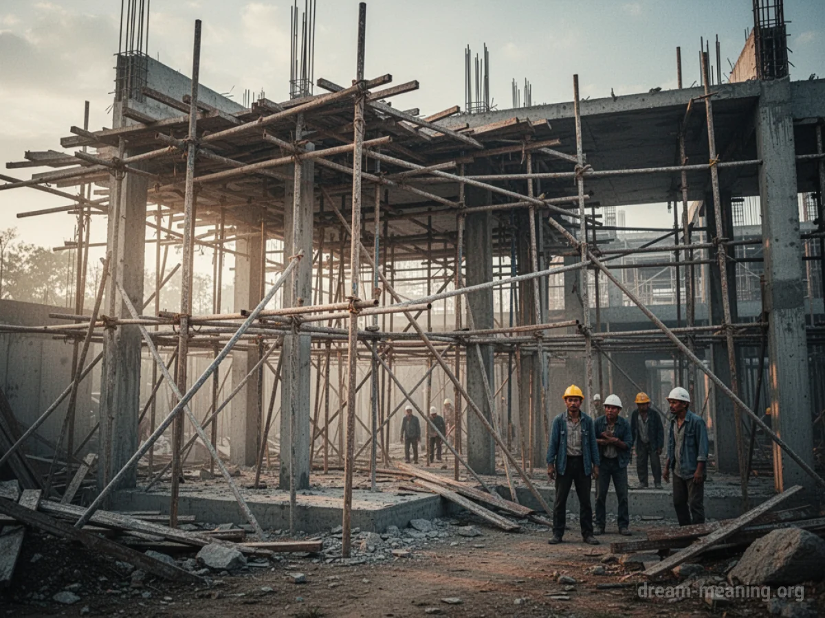An incomplete construction project with concerned workers in the background.
