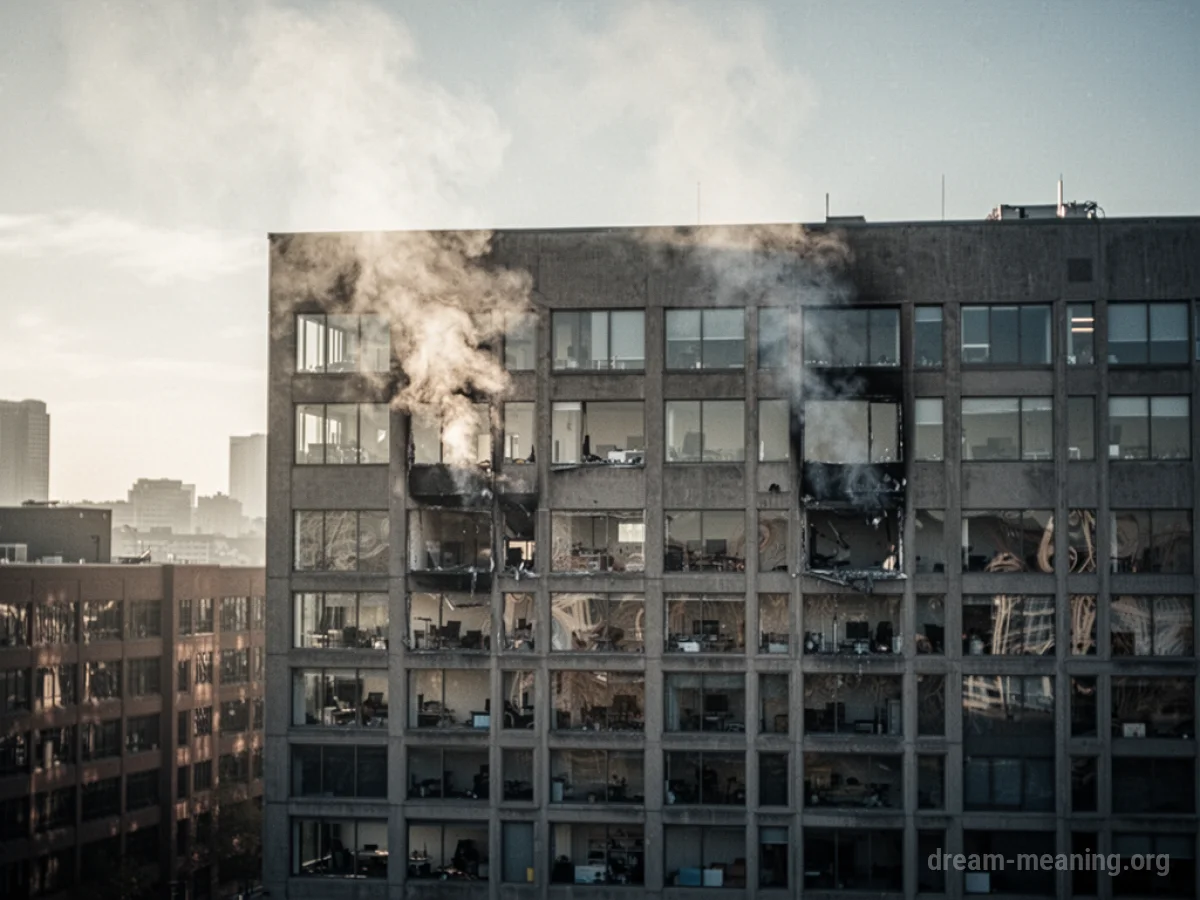 An office building with smoke subtly emanating from windows.