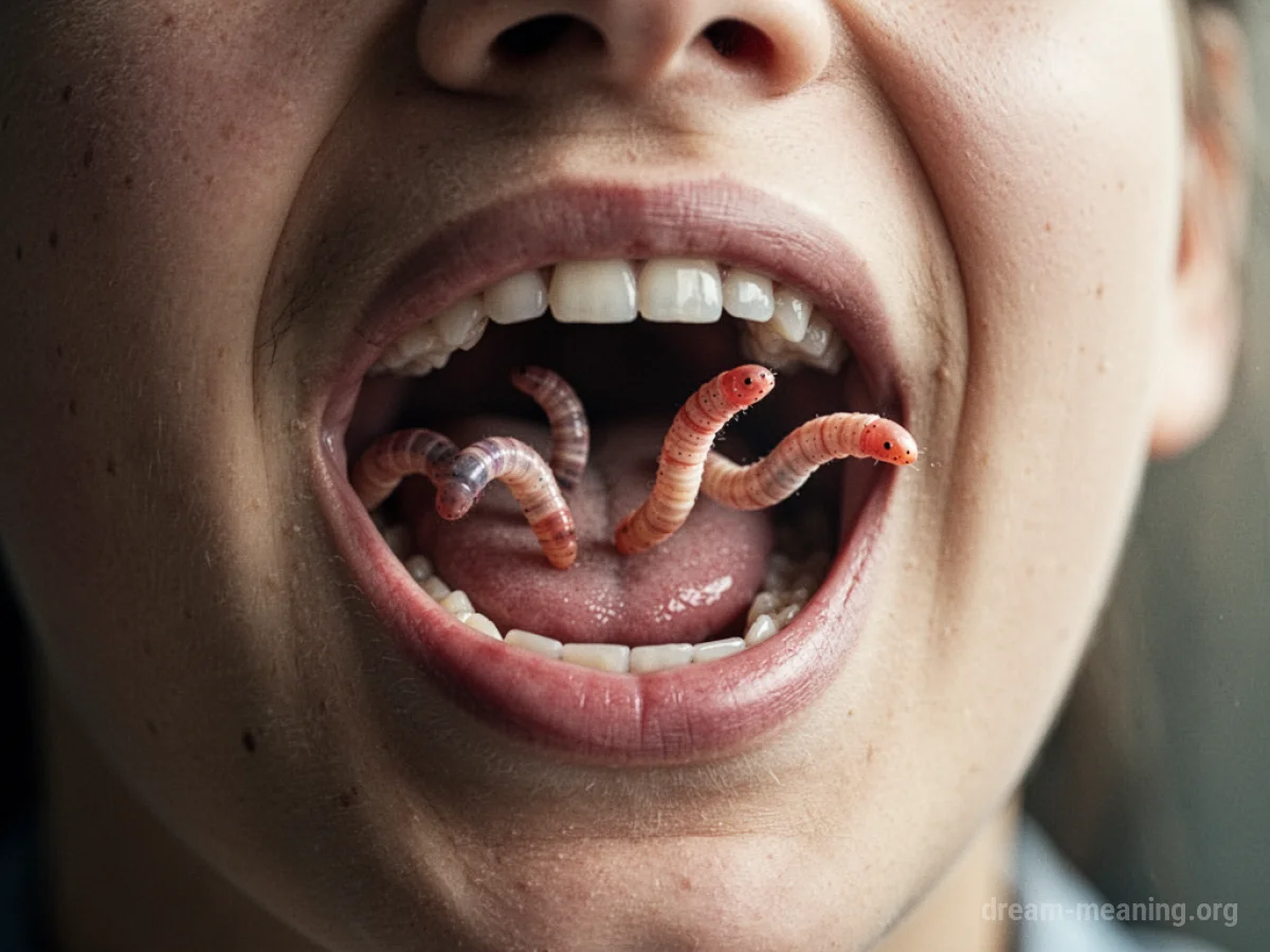 A person's open mouth with abstract worm shapes exiting.