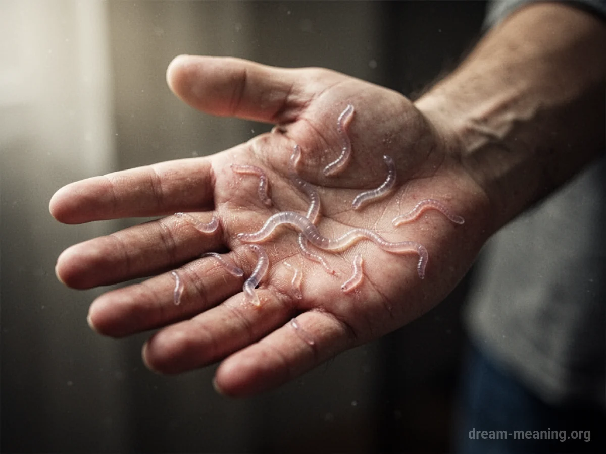 Translucent worm shapes visible beneath the skin of a hand.