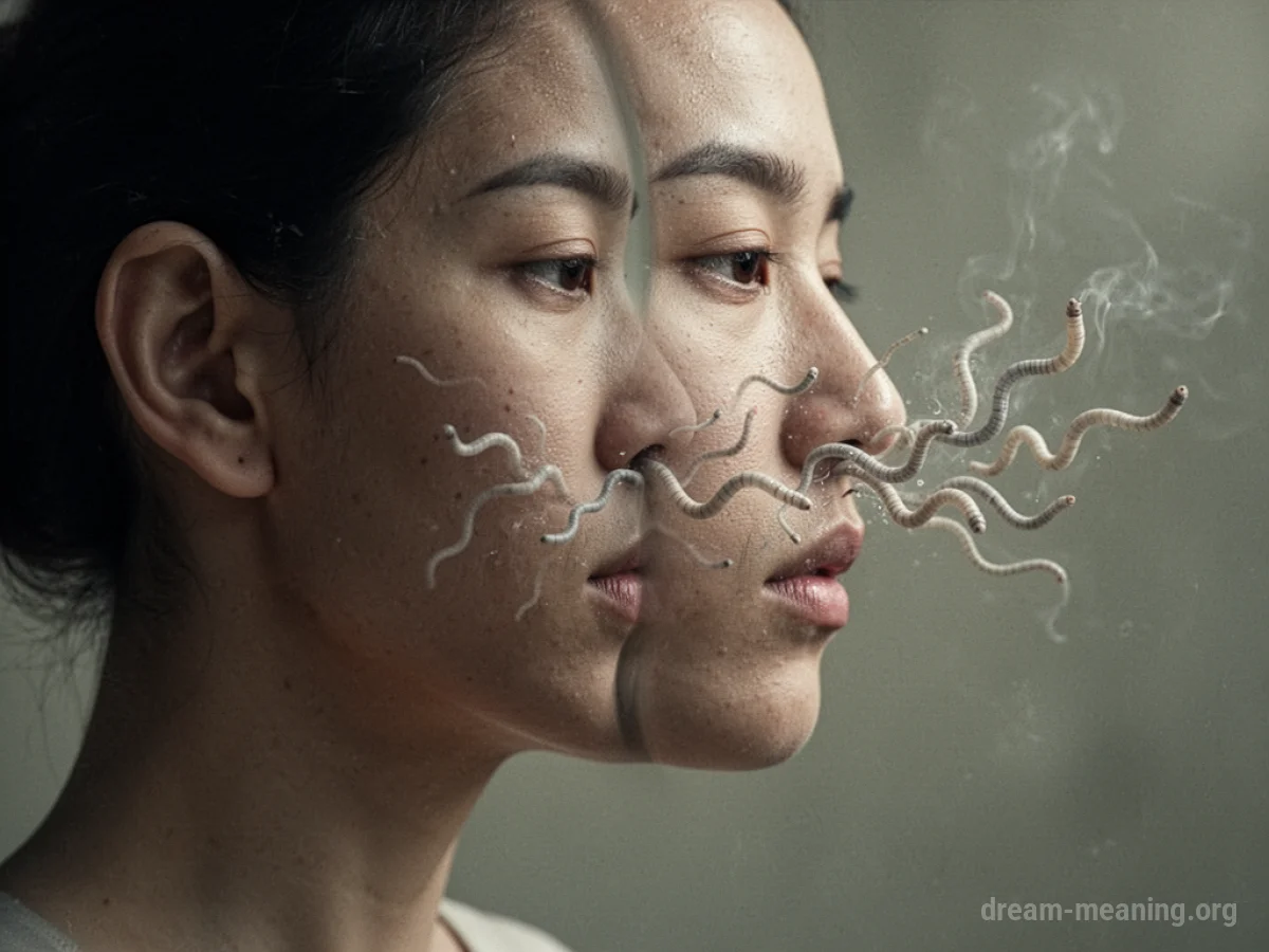 Profile of a head with translucent worm shapes exiting the nose.