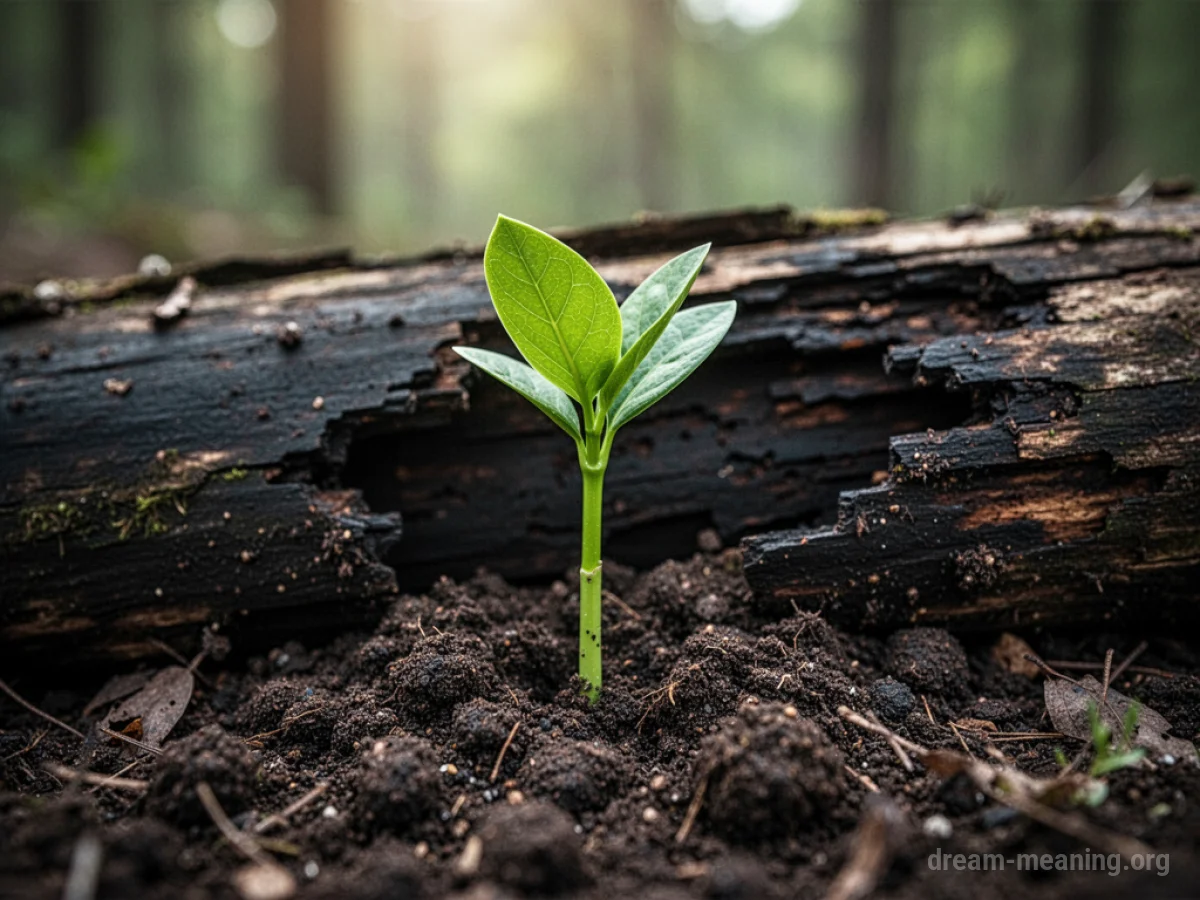A green sprout growing from dark soil near a decaying log.