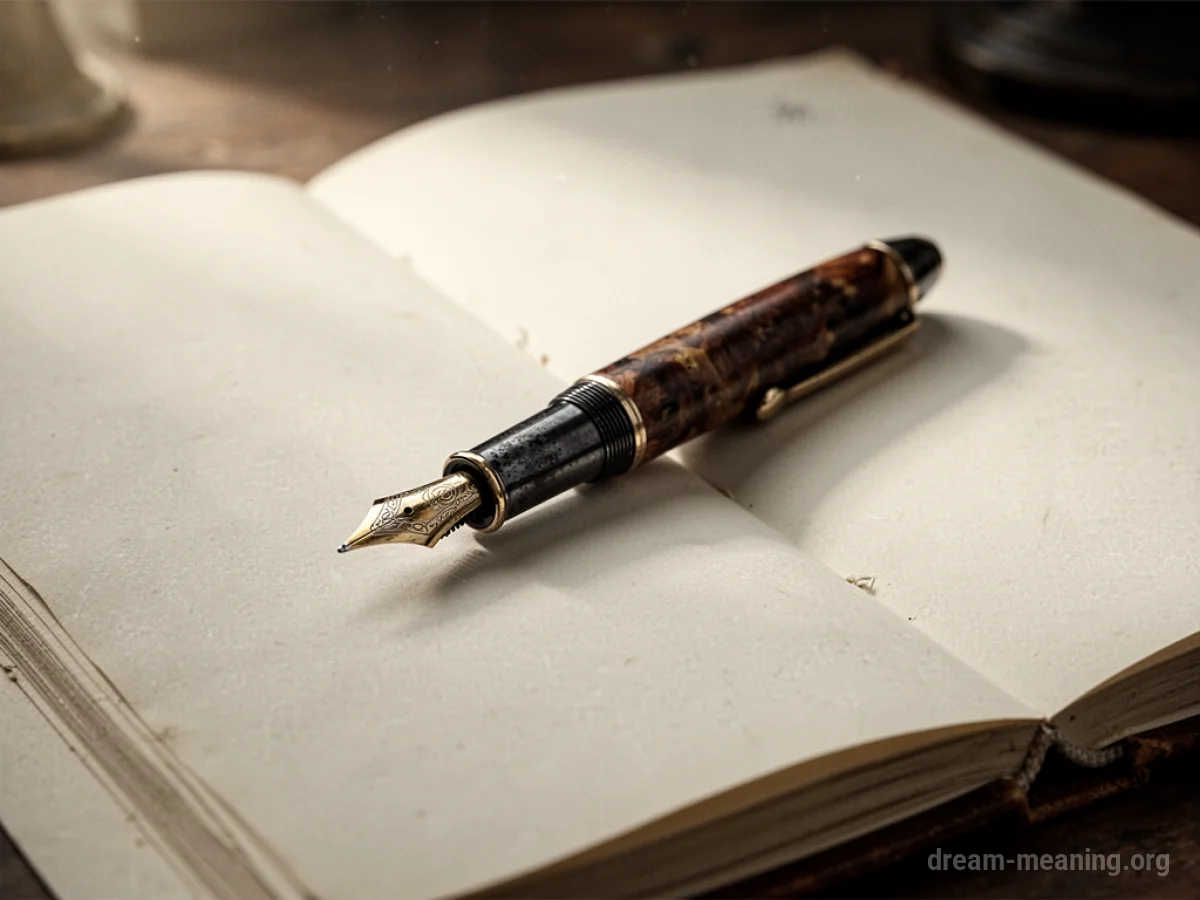 A fountain pen poised above an empty book page.