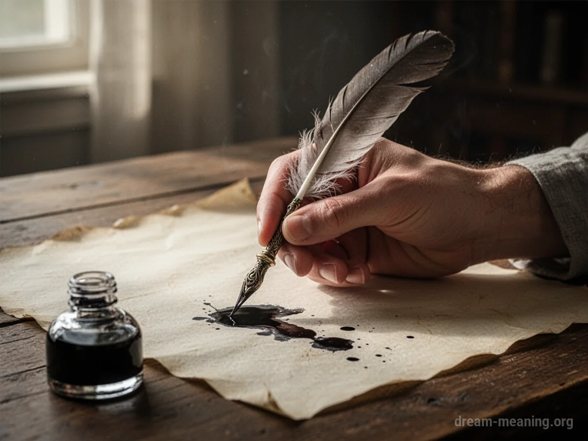 A hand holding a quill pen over a piece of parchment paper.