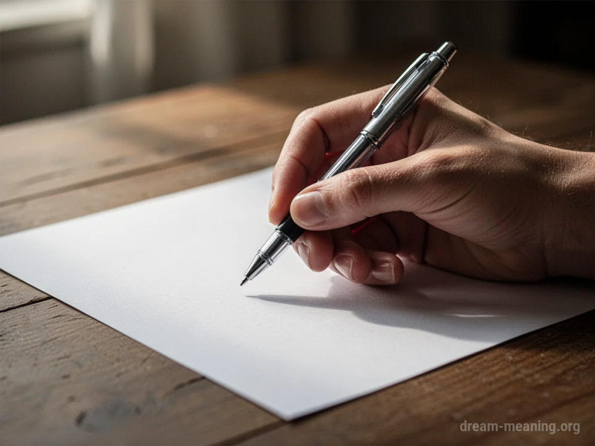 A hand holding a pen over a blank sheet of paper.