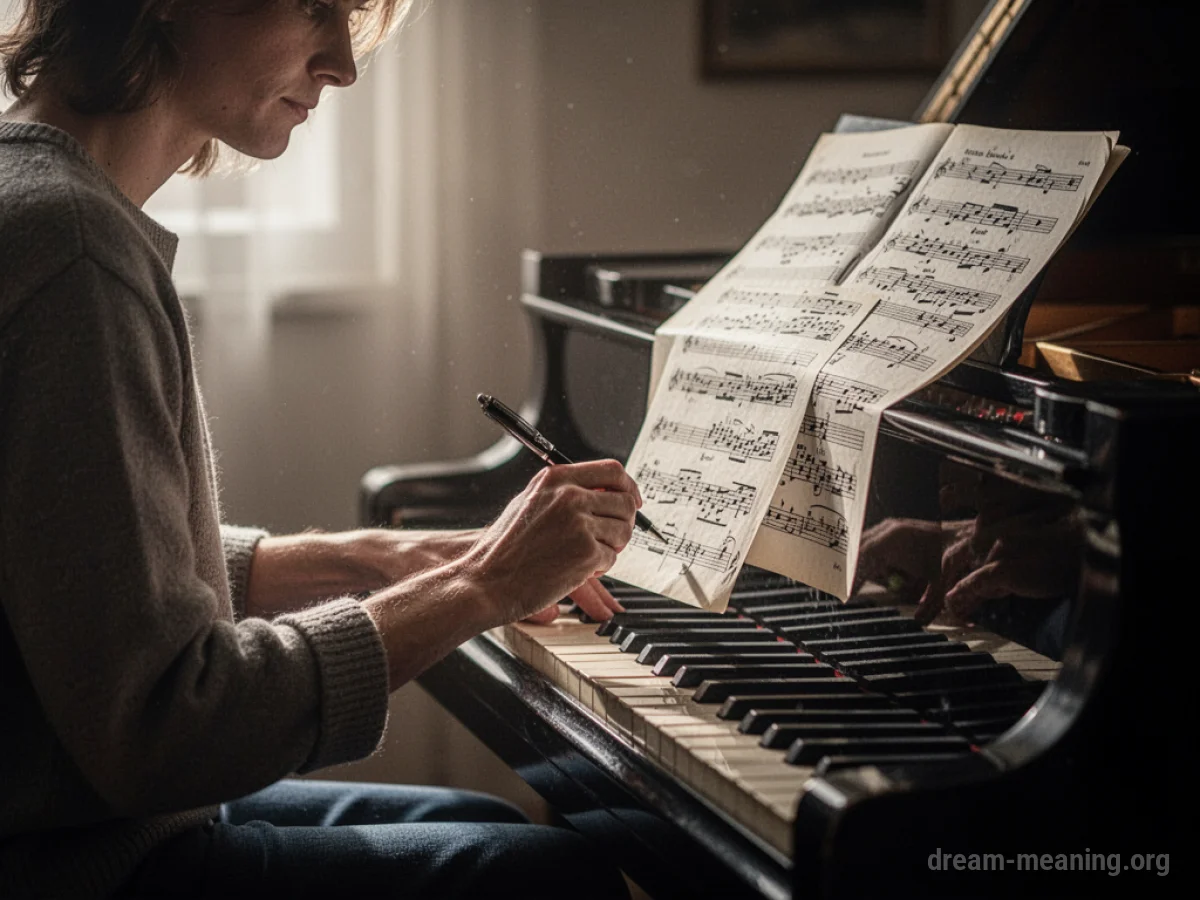 A person with a pen poised over sheet music at a piano.