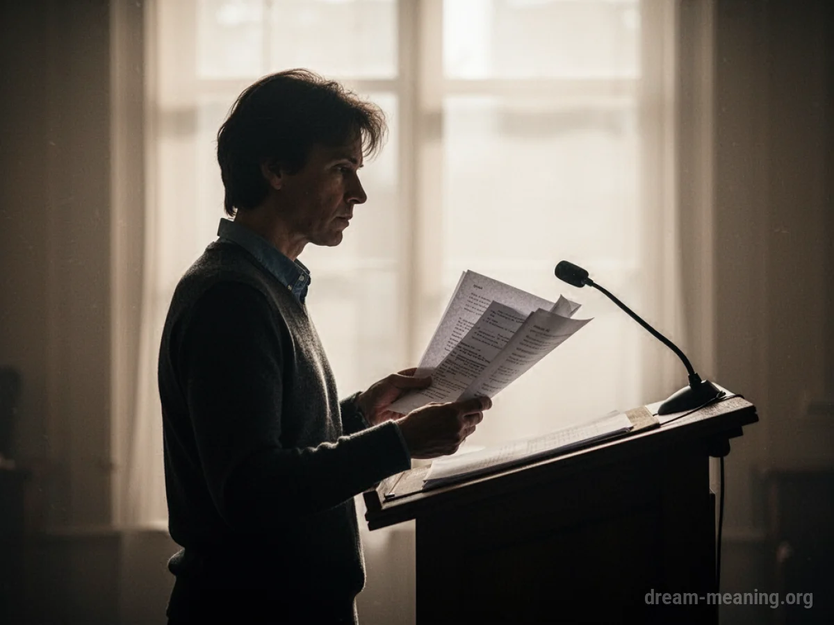 Silhouette of a person standing at a lectern with papers.