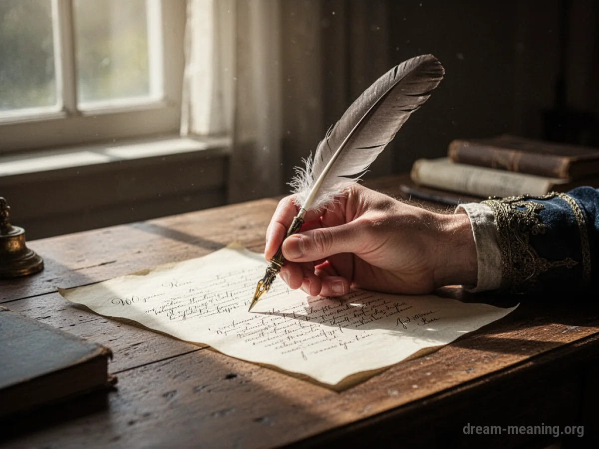 A hand holding a quill pen over a document.
