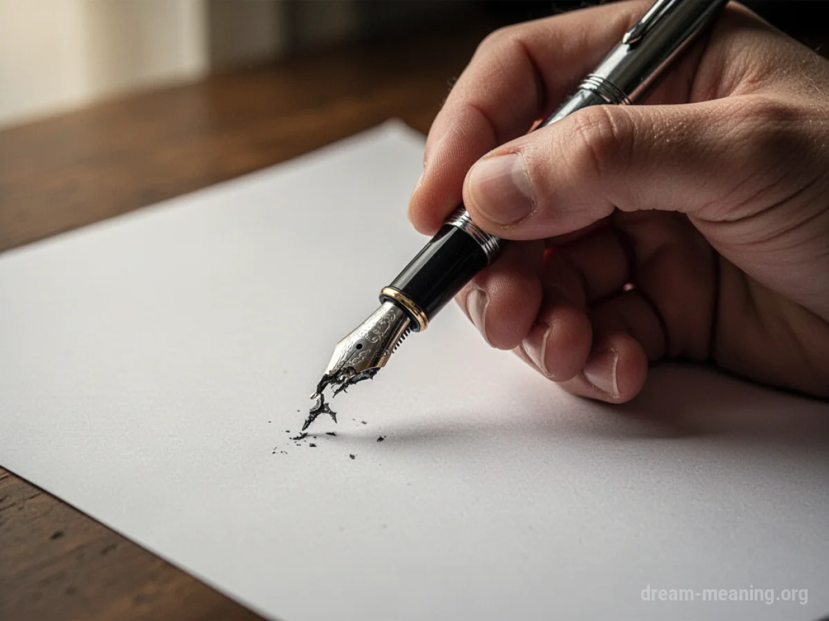 A hand holding a broken fountain pen above a blank sheet of paper.