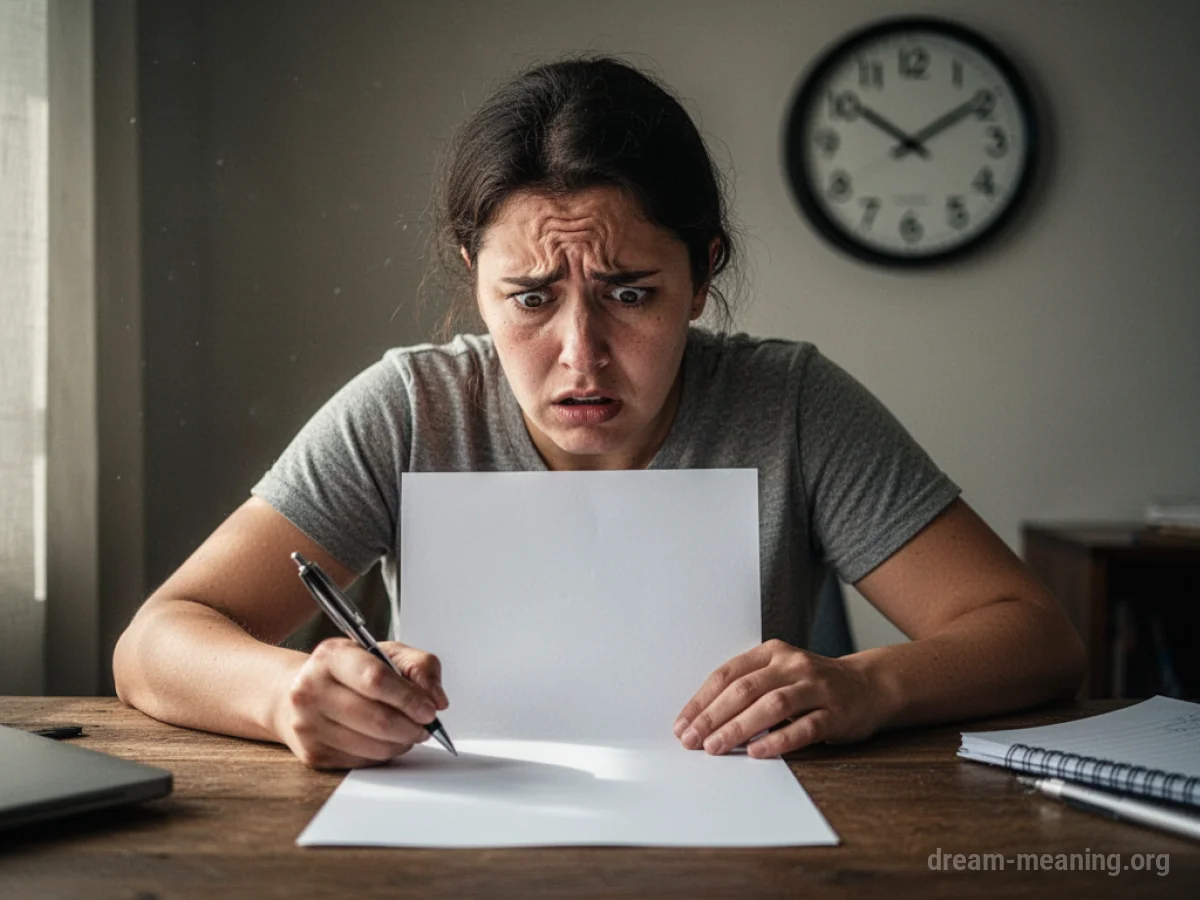 A person sits at a desk with a blank paper and a pen, looking anxious. A clock is in the background.
