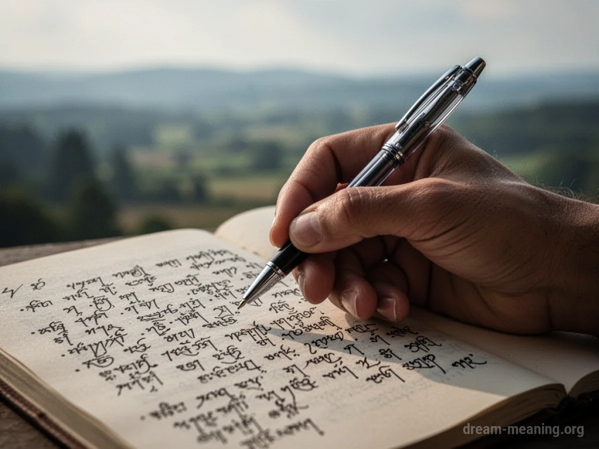 A hand writing unfamiliar characters on a piece of paper.