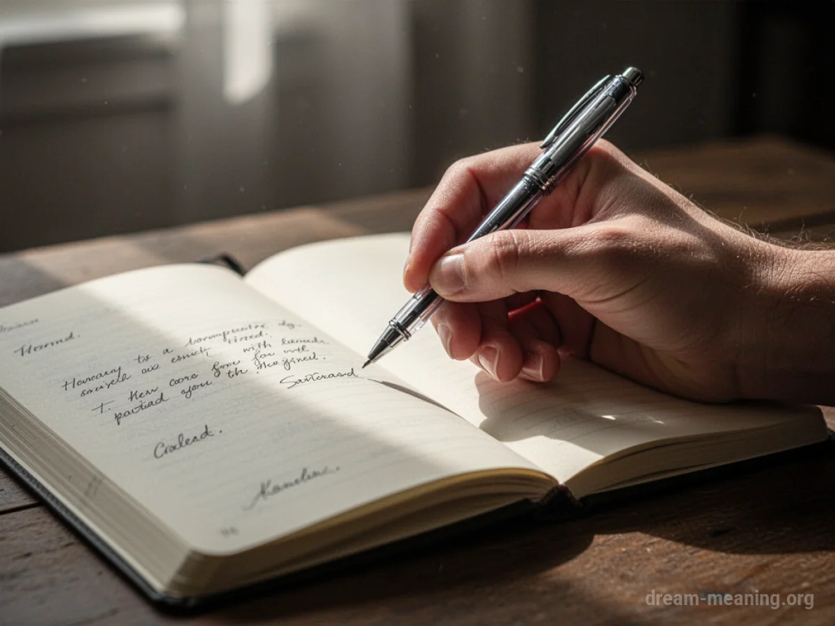 A hand holding a pen over an open journal.
