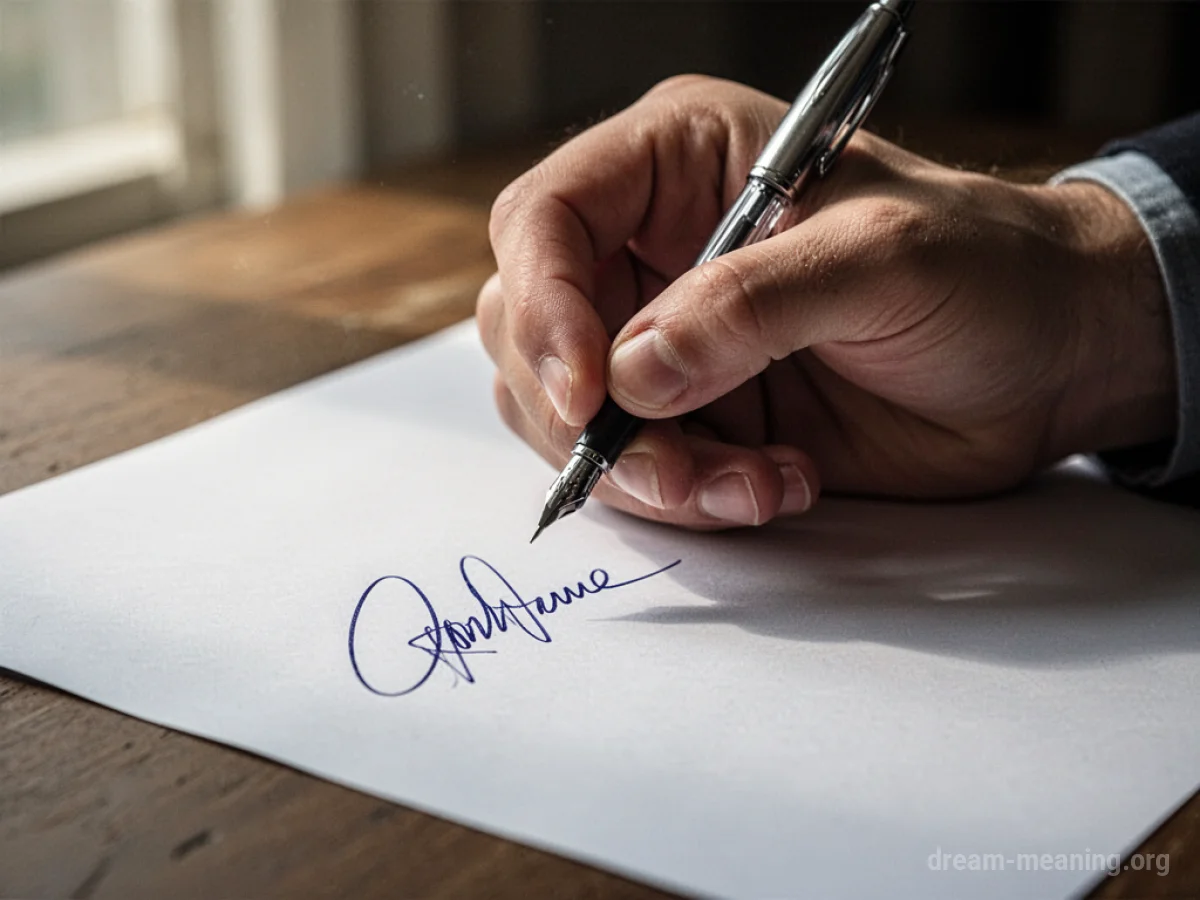 A hand writing a signature on a document.