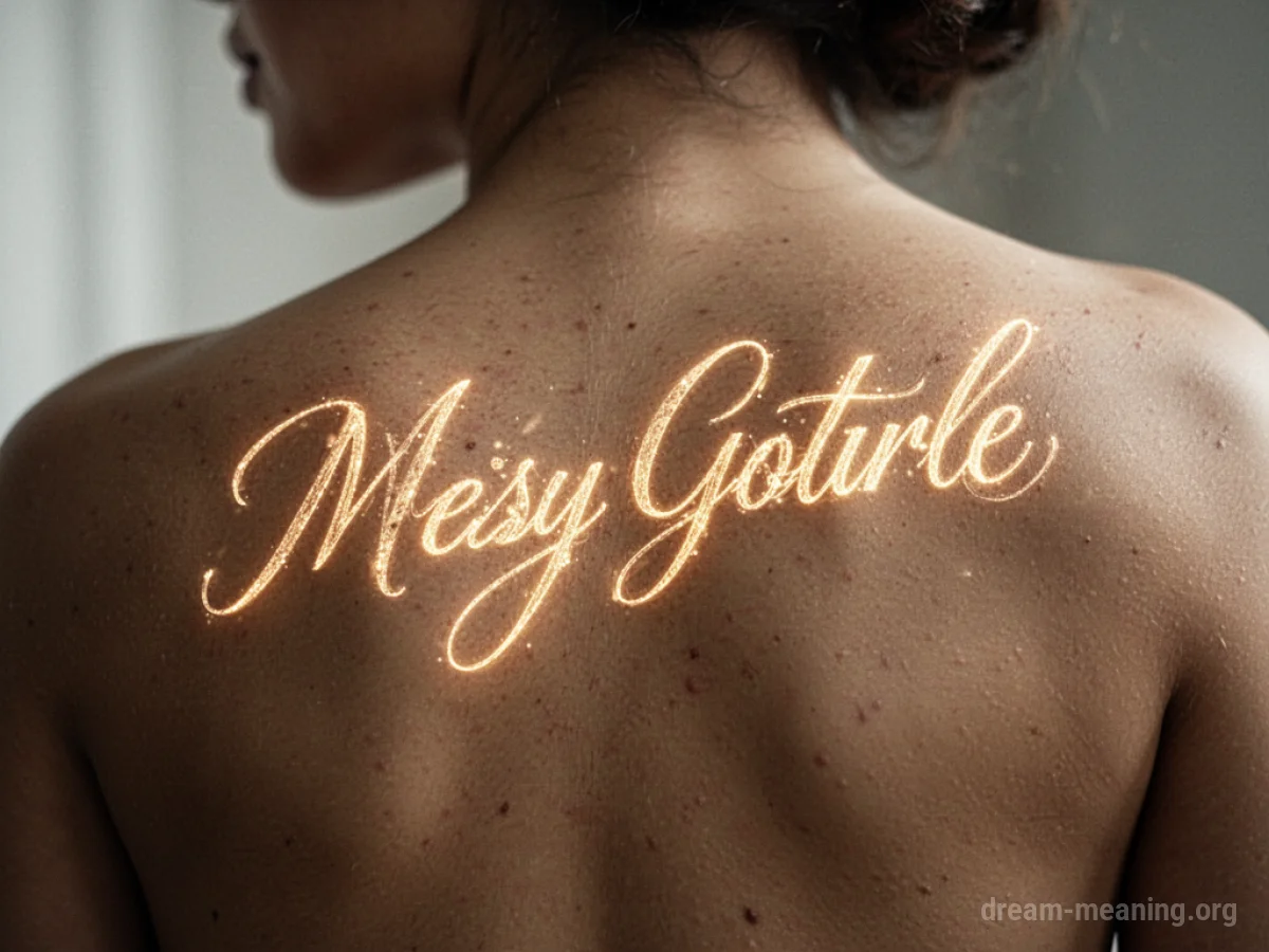 Close-up of skin with glowing writing appearing on it.