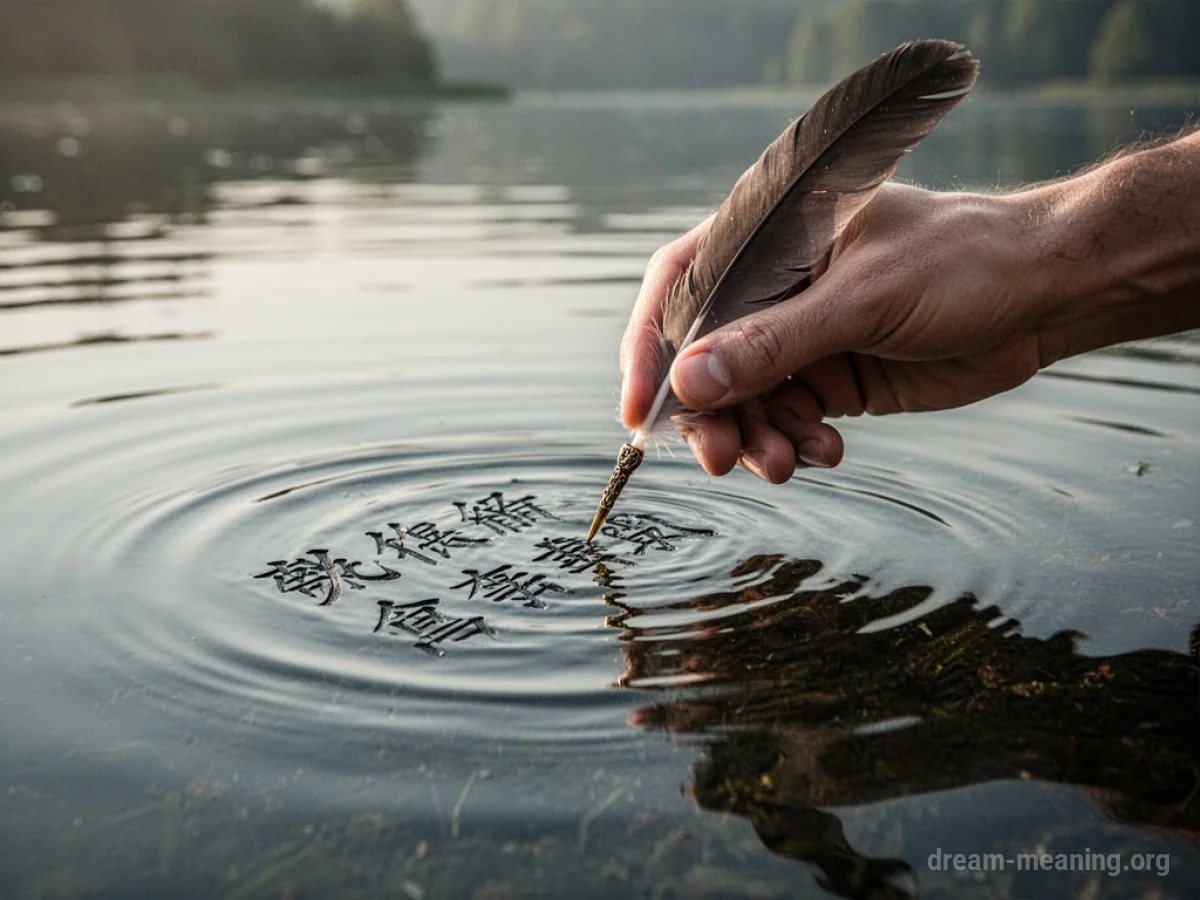 A hand writing on the surface of water, with the writing dissolving.