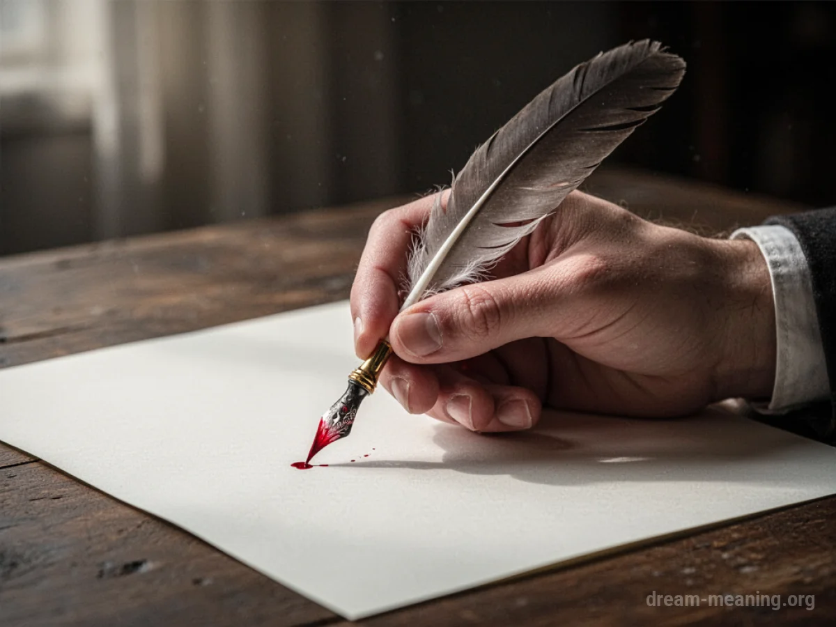 A hand holding a quill pen over a blank sheet of paper.