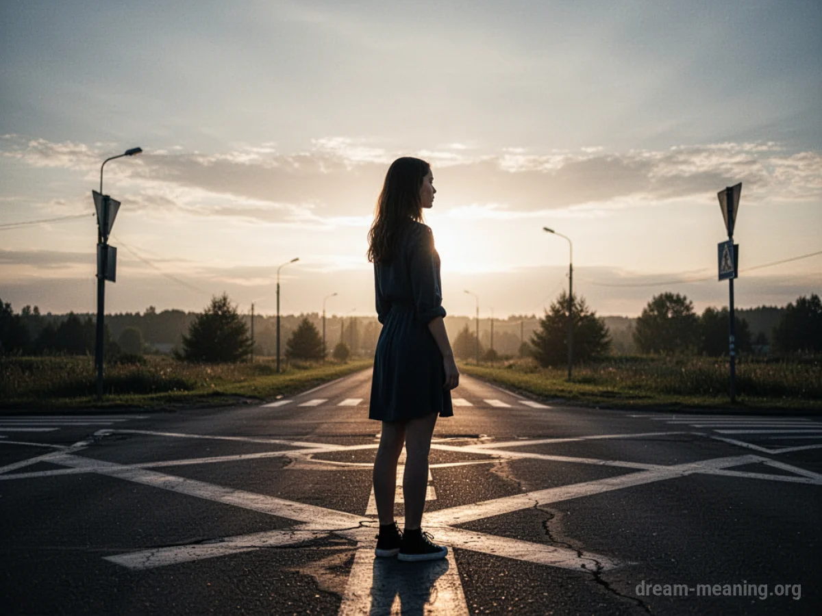 Silhouette of a young woman at a crossroads facing a bright horizon.