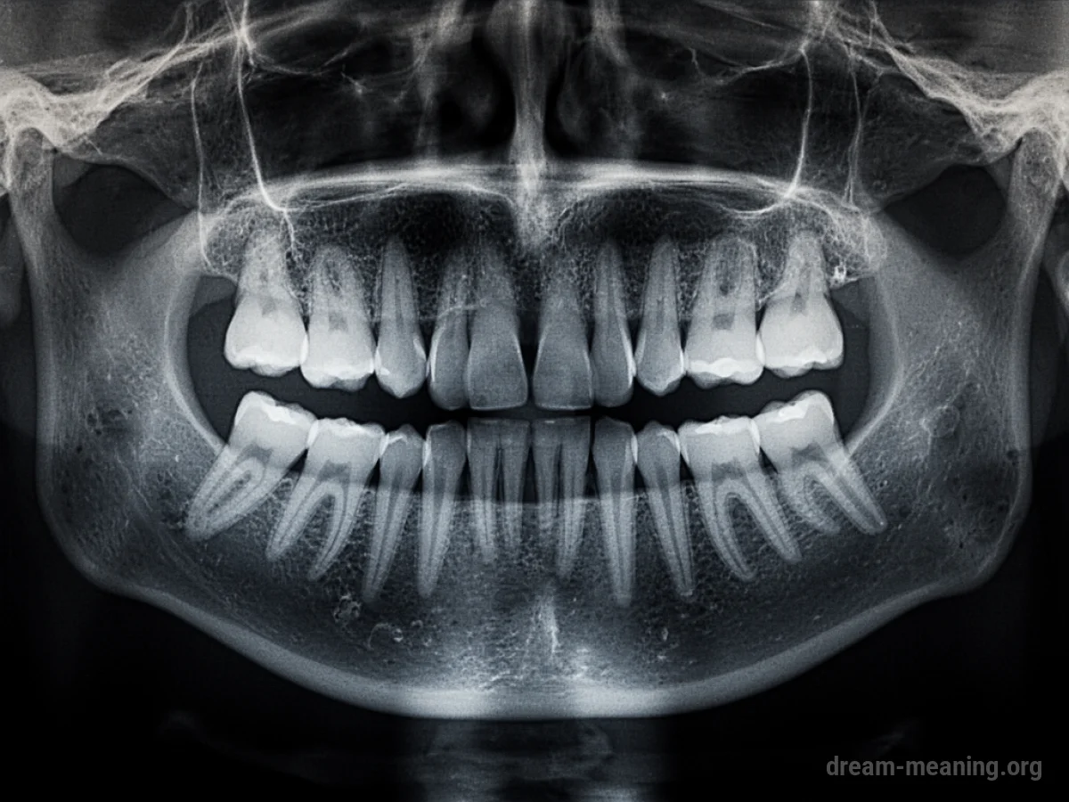 A luminous X-ray image showing the structure of teeth.