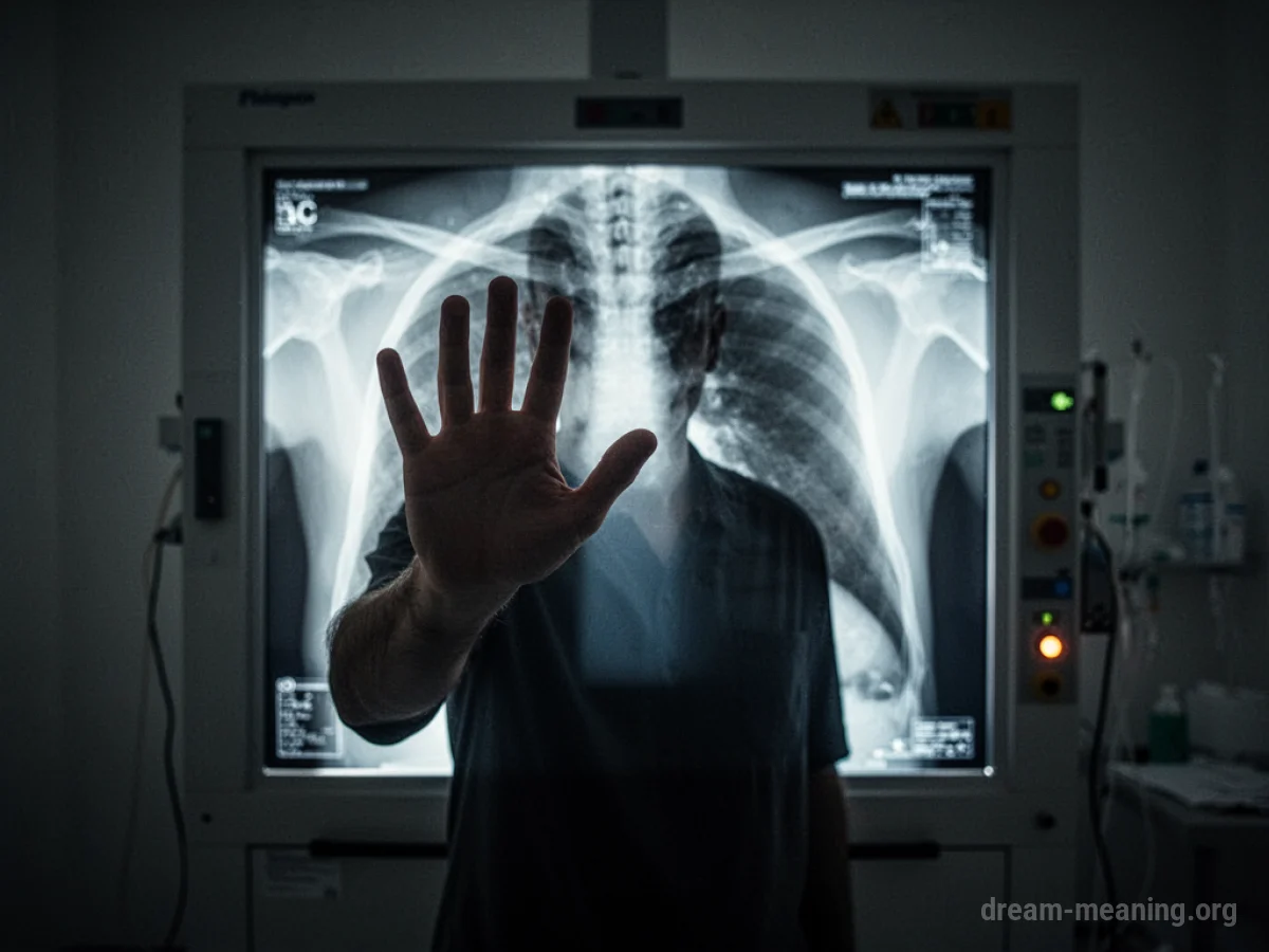 A silhouette of a person blocking an X-ray machine's light with their hand.