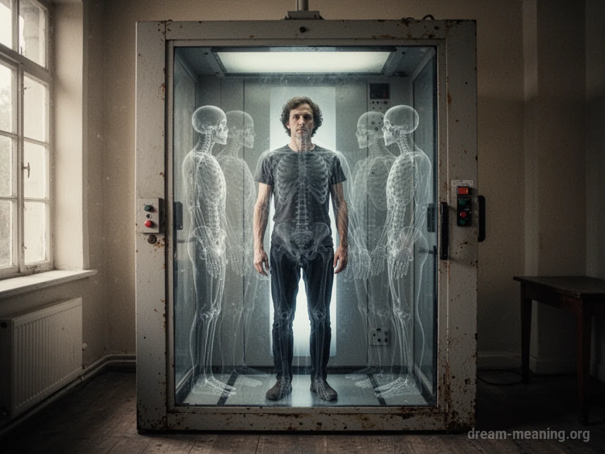 Silhouette of a person within a vintage X-ray device showing layered outlines.
