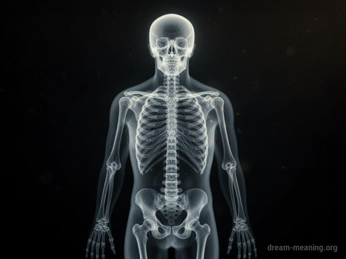 An X-ray image showing the silhouette of a human skeleton.